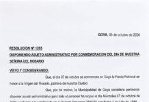 GOYA TENDRÁ ASUETO MUNICIPAL ESTE MIÉRCOLES 7 DE OCTUBRE POR EL DÍA DE LA VIRGEN DEL ROSARIO